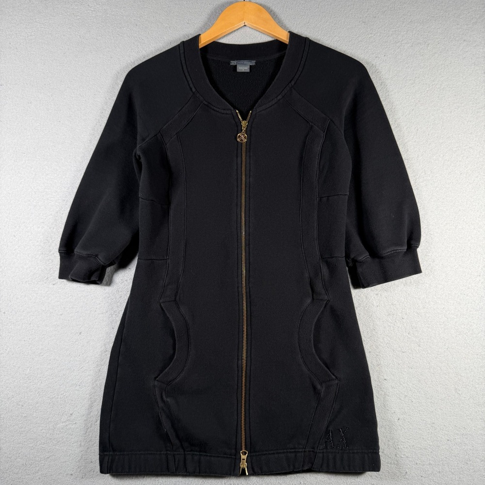 Armani Exchange Women Black Full Zip Elbow Sleeve Sweatshirt Dress Small 14472